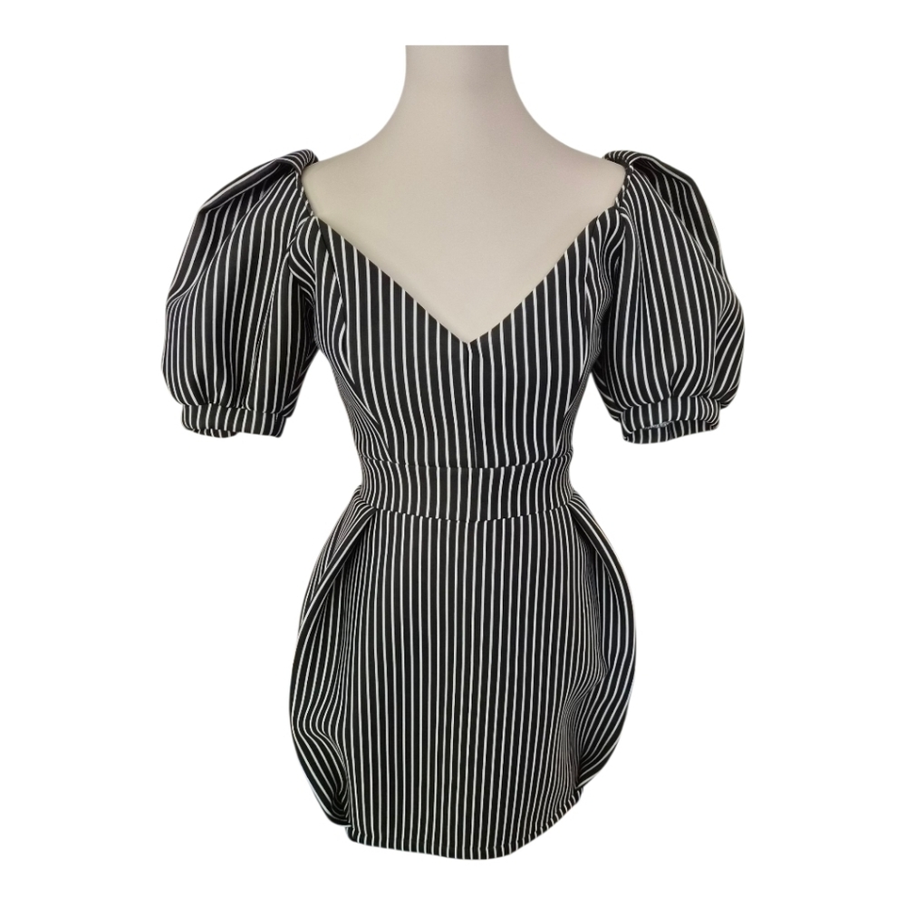 Win Win Black White Stripe‎ Puff Sleeve Mini Dress Women’s Size M (Fits XS-S)